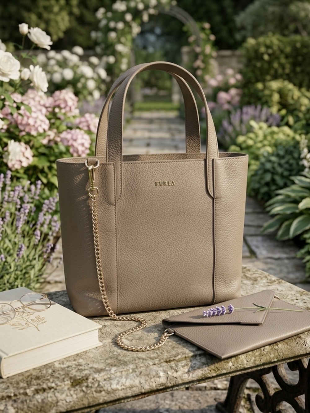 AUTHENTIC Furla Taupe Leather Elle SMALL Tote with Chain Pouch